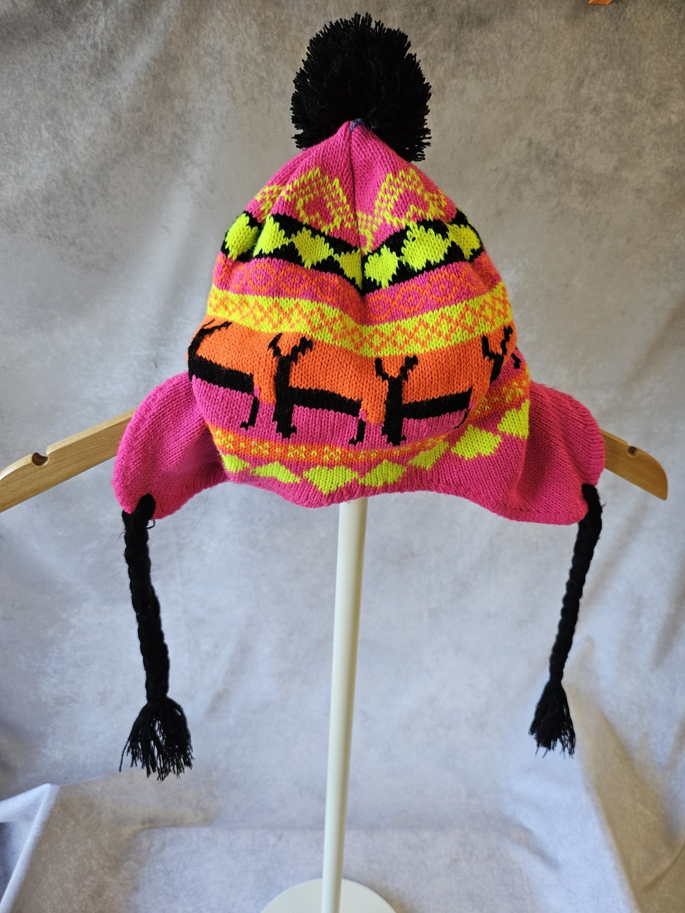 Kids Neon Pink Peruvian Pom-Pom Winter Hat with Earflaps